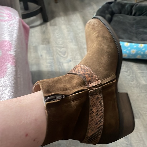 suede boots from ARTISAN BY ZIGI feature a sleek snakeskin pattern buckle. - Picture 3 of 5